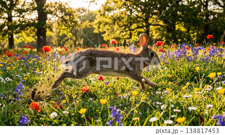 Wild rabbit leaping through a sunlit wildflower meadow. Poppies and bluebells scatter color under warm morning light Wild rabbit leaping through a sunlit wildflower meadow. Poppies and bluebells scatter color under warm morning light 138817453