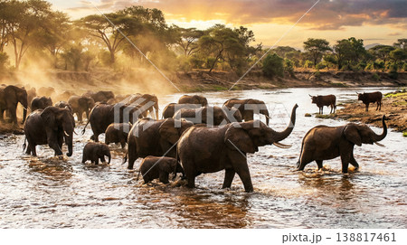 A herd of African elephants with calves crosses a shallow river in the savanna at golden sunset with dust rising behind them. 138817461