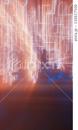Orange glowing circuit lines forming a futuristic data cityscape with radiant light beams, abstract technology background 138817500