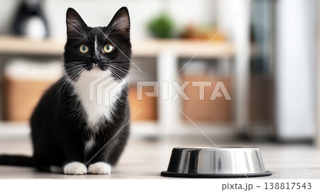 Tuxedo cat sits by a metal bowl in a kitchen. A metal bowl sits on the floor, ready for feeding. 138817543