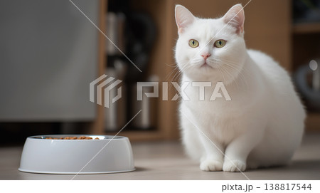 White cat sits by a kibble bowl in the living room. The calm feline gazes forward as daylight fills the room. White cat sits by a kibble bowl in the living room. The calm feline gazes forward as daylight fills the room. 138817544