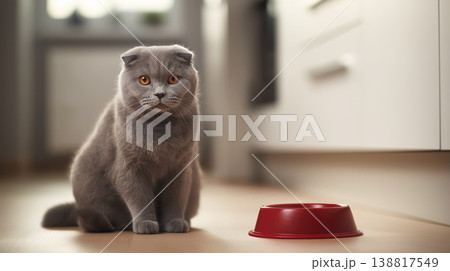 Gray British Shorthair cat sits in the kitchen. A red bowl sits on the floor nearby. 138817549