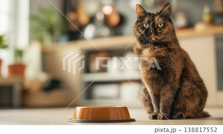 Calico cat sits near an orange food bowl in the kitchen. Bright morning light fills the scene. Calico cat sits near an orange food bowl in the kitchen. Bright morning light fills the scene. 138817552