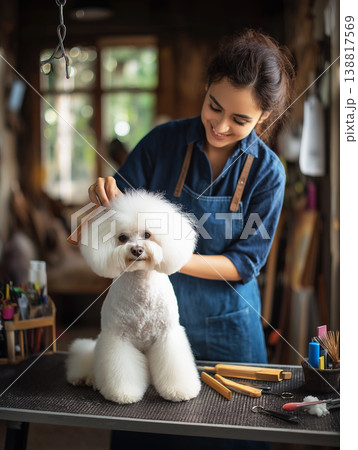 Groomer styles a poodle on a grooming table inside a pet grooming studio. Tools and warm light highlight a professional grooming session. 138817569
