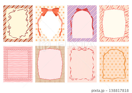Cute decorative frames set with bows and ribbon on striped, dotted and checkered pastel backgrounds. Whimsical girly card templates with copy space for invitation, journal, planner in flat style Cute decorative frames set with bows and ribbon on striped, dotted and checkered pastel backgrounds. Whimsical girly card templates with copy space for invitation, journal, planner in flat style 138817818