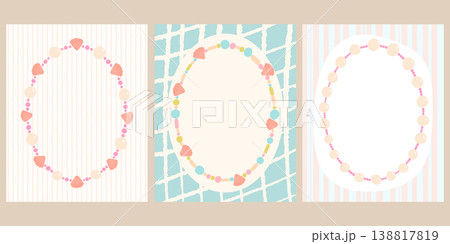 Summer cards set with bead necklace frames with seashells and pearls. Cute jewelry border templates on striped and grid pastel backgrounds. Trendy coastal designs for poster, invitation in flat style 138817819