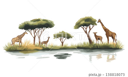 Chobe National Park. Chobe National Park hand drawn watercolor illustration on white background Chobe National Park. Chobe National Park hand drawn watercolor illustration on white background 138818073