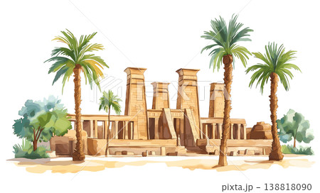 Karnak Temple. Karnak Temple hand drawn watercolor illustration on white background Karnak Temple. Karnak Temple hand drawn watercolor illustration on white background 138818090