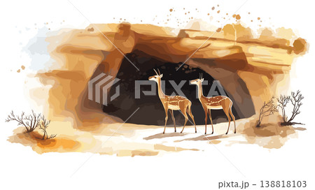 Laas Geel Cave Paintings. Laas Geel Cave Paintings hand drawn watercolor illustration on white background Laas Geel Cave Paintings. Laas Geel Cave Paintings hand drawn watercolor illustration on white background 138818103