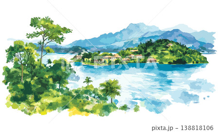 Lake Kivu. Lake Kivu hand drawn watercolor illustration on white background Lake Kivu. Lake Kivu hand drawn watercolor illustration on white background 138818106