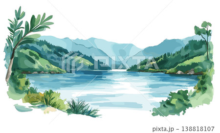 Lake Kivu. Lake Kivu hand drawn watercolor illustration on white background Lake Kivu. Lake Kivu hand drawn watercolor illustration on white background 138818107
