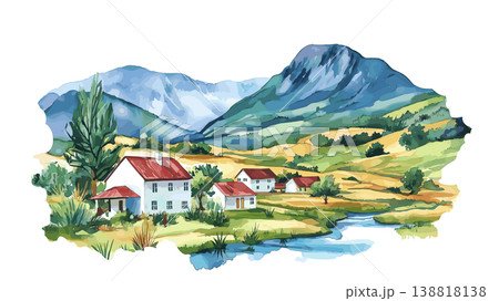 Lesotho Highlands. Lesotho Highlands hand drawn watercolor illustration on white background 138818138