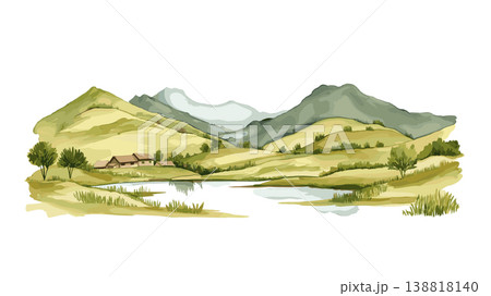 Lesotho Highlands. Lesotho Highlands hand drawn watercolor illustration on white background Lesotho Highlands. Lesotho Highlands hand drawn watercolor illustration on white background 138818140