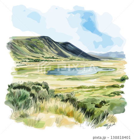 Ngorongoro Crater. Ngorongoro Crater hand drawn watercolor illustration on white background Ngorongoro Crater. Ngorongoro Crater hand drawn watercolor illustration on white background 138818401