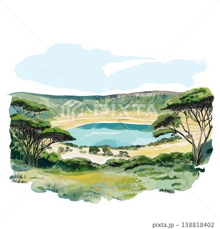 Ngorongoro Crater. Ngorongoro Crater hand drawn watercolor illustration on white background Ngorongoro Crater. Ngorongoro Crater hand drawn watercolor illustration on white background 138818402