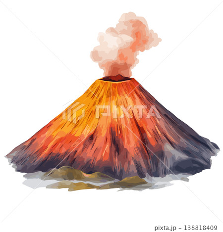 Nyiragongo Volcano. Nyiragongo Volcano hand drawn watercolor illustration on white background Nyiragongo Volcano. Nyiragongo Volcano hand drawn watercolor illustration on white background 138818409