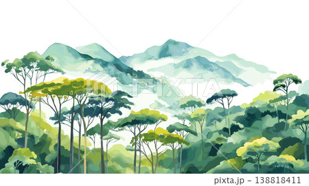 Nyungwe Forest. Nyungwe Forest hand drawn watercolor illustration on white background Nyungwe Forest. Nyungwe Forest hand drawn watercolor illustration on white background 138818411