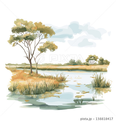 Okavango Delta. Okavango Delta hand drawn watercolor illustration on white background Okavango Delta. Okavango Delta hand drawn watercolor illustration on white background 138818417