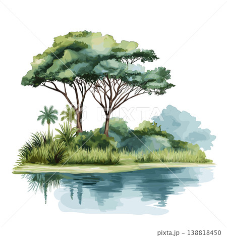 Pongara National Park. Pongara National Park hand drawn watercolor illustration on white background Pongara National Park. Pongara National Park hand drawn watercolor illustration on white background 138818450