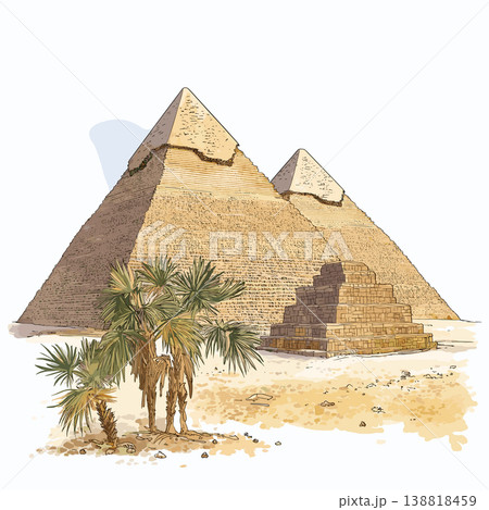 Pyramids of Giza. Pyramids of Giza hand drawn watercolor illustration on white background 138818459