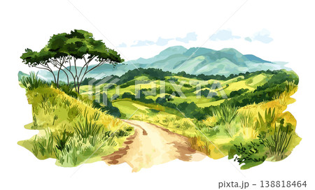 Queen Elizabeth National Park. Queen Elizabeth National Park hand drawn watercolor illustration on white background Queen Elizabeth National Park. Queen Elizabeth National Park hand drawn watercolor illustration on white background 138818464