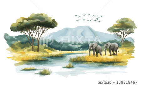 Queen Elizabeth National Park. Queen Elizabeth National Park hand drawn watercolor illustration on white background Queen Elizabeth National Park. Queen Elizabeth National Park hand drawn watercolor illustration on white background 138818467