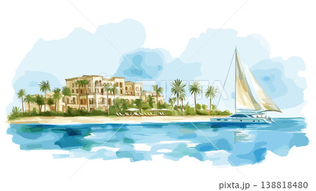 Red Sea Resorts Hurghada. Red Sea Resorts Hurghada hand drawn watercolor illustration on white background Red Sea Resorts Hurghada. Red Sea Resorts Hurghada hand drawn watercolor illustration on white background 138818480