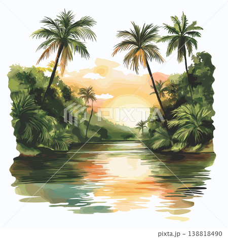 River Gambia National Park. River Gambia National Park hand drawn watercolor illustration on white background River Gambia National Park. River Gambia National Park hand drawn watercolor illustration on white background 138818490