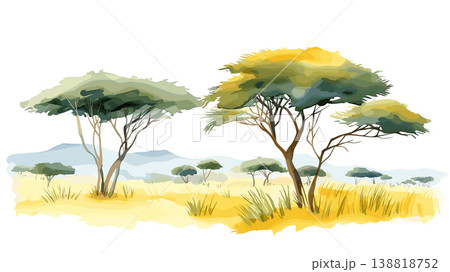 Serengeti National Park. Serengeti National Park hand drawn watercolor illustration on white background Serengeti National Park. Serengeti National Park hand drawn watercolor illustration on white background 138818752