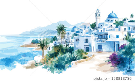 Sidi Bou Said. Sidi Bou Said hand drawn watercolor illustration on white background 138818756