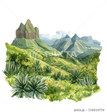 Simien Mountains. Simien Mountains hand drawn watercolor illustration on white background 138818759
