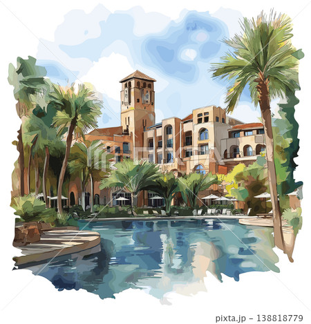 Sun City Resort. Sun City Resort hand drawn watercolor illustration on white background 138818779
