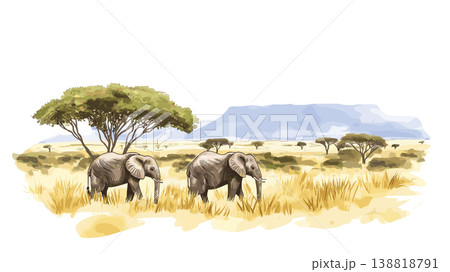 Tarangire National Park. Tarangire National Park hand drawn watercolor illustration on white background 138818791