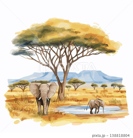 Tsavo National Parks. Tsavo National Parks hand drawn watercolor illustration on white background Tsavo National Parks. Tsavo National Parks hand drawn watercolor illustration on white background 138818804