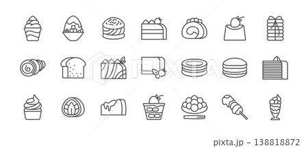 Desserts and bakery outline line icon set. 21 icons like cupcake, japanese sweets, cream puff, cake, roll, cheesecake, cookies and more. Vector illustration isolated on white Desserts and bakery outline line icon set. 21 icons like cupcake, japanese sweets, cream puff, cake, roll, cheesecake, cookies and more. Vector illustration isolated on white 138818872