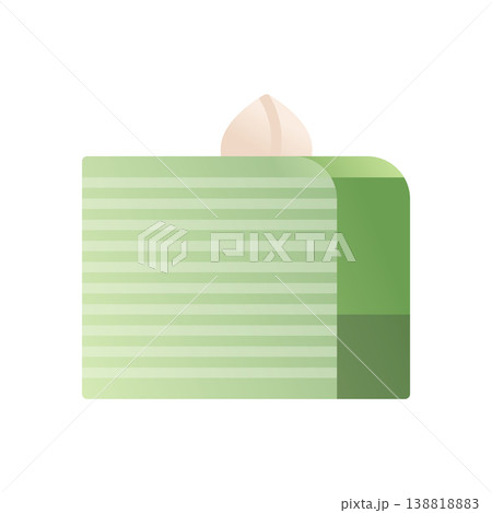 Matcha mille crepe cake with almond flat icon. Green tea layered pancake cake. Colored vector illustration isolated on white Matcha mille crepe cake with almond flat icon. Green tea layered pancake cake. Colored vector illustration isolated on white 138818883