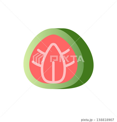Matcha strawberry daifuku mochi flat icon. Green tea rice cake with strawberry filling. Colored vector illustration isolated on white Matcha strawberry daifuku mochi flat icon. Green tea rice cake with strawberry filling. Colored vector illustration isolated on white 138818907