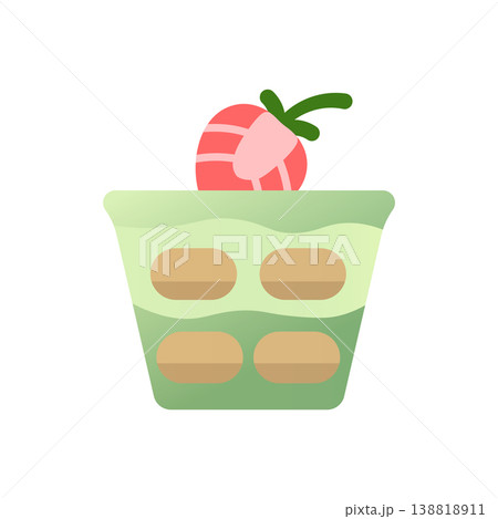 Matcha tiramisu cup flat icon. Green tea ladyfinger layered dessert with strawberry. Colored vector illustration isolated on white Matcha tiramisu cup flat icon. Green tea ladyfinger layered dessert with strawberry. Colored vector illustration isolated on white 138818911