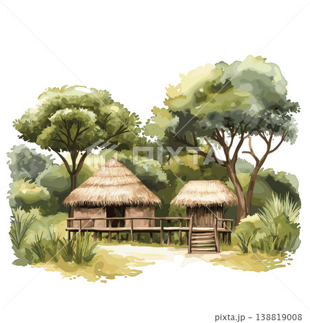 Waza National Park. Waza National Park hand drawn watercolor illustration on white background Waza National Park. Waza National Park hand drawn watercolor illustration on white background 138819008