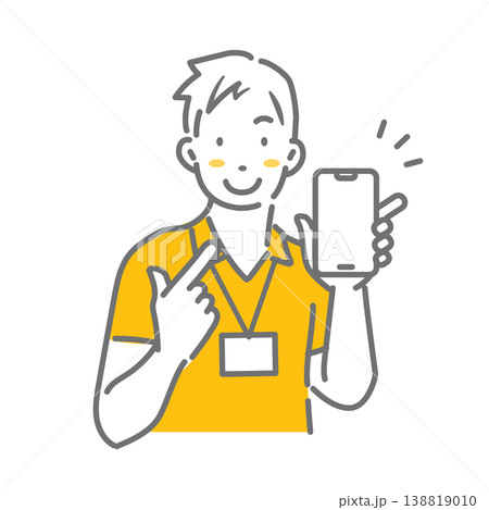 スマホの画面を指差すフィットネスクラブのインストラクター　シンプルでお洒落な線画イラスト 138819010