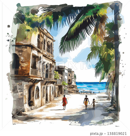Zanzibar. Zanzibar hand drawn watercolor illustration on white background 138819021