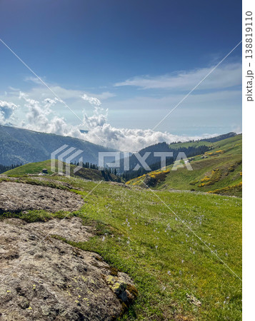 Mountain landscape with green hills and clouds, scenic nature view. Adjara, Georgia Mountain landscape with green hills and clouds, scenic nature view. Adjara, Georgia 138819110