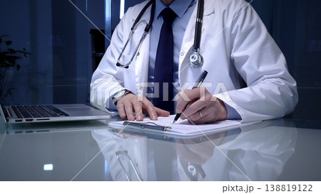 Healthcare professional, doctor, or medical student working at desk, wearing lab coat and stethoscope, writing on a clipboard with a pen, and using a laptop for digital information Healthcare professional, doctor, or medical student working at desk, wearing lab coat and stethoscope, writing on a clipboard with a pen, and using a laptop for digital information 138819122