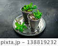 Mint Julep in the Kentucky Derby classic silver glass, with fresh mint leaves 138819232