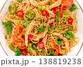 Chow Mein noodles with chicken and vegetables, overhead flat lay shot 138819238