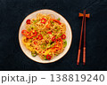 Hakka noodles with vegetables, peppers and green onions, overhead shot 138819240