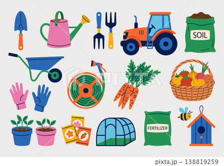 Gardening tools and agriculture elements icon set. Flat vector illustration Gardening tools and agriculture elements icon set. Flat vector illustration 138819259