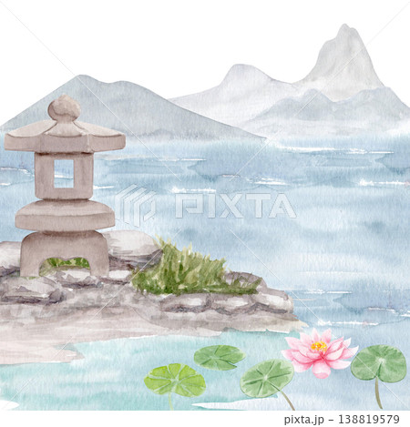 Asian lake watercolor landscape with traditional stone lantern, lotus flowers. Calm mountain water scene inspired by Japanese garden design, zen meditation, spa wellness, oriental nature aesthetics 138819579