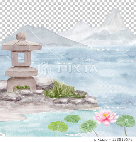 Asian lake watercolor landscape with traditional stone lantern, lotus flowers. Calm mountain water scene inspired by Japanese garden design, zen meditation, spa wellness, oriental nature aesthetics 138819579
