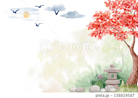 Oriental watercolor landscape with red maple tree, stone lantern, sun, clouds, flying birds. Peaceful Japanese garden nature scene with large copy space for spa, meditation, wellness, zen background Oriental watercolor landscape with red maple tree, stone lantern, sun, clouds, flying birds. Peaceful Japanese garden nature scene with large copy space for spa, meditation, wellness, zen background 138819587
